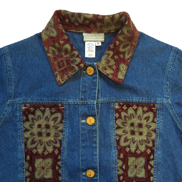 Coldwater Creek Denim Floral Tapestry Button-Up Jacket Pockets Boho Classic - Picture 4 of 8
